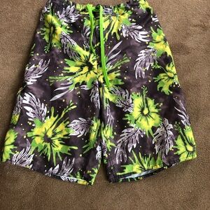 Maui and Sons boys Neon Green Floral Swim trunks Board Shorts sz 18